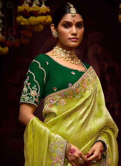 Lime Green Banarasi Zari Woven Prasang Wedding Saree