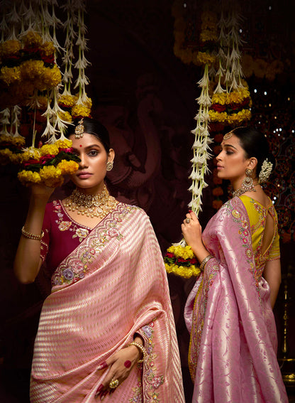 Light Peach Banarasi Zari Woven Prasang Wedding Saree