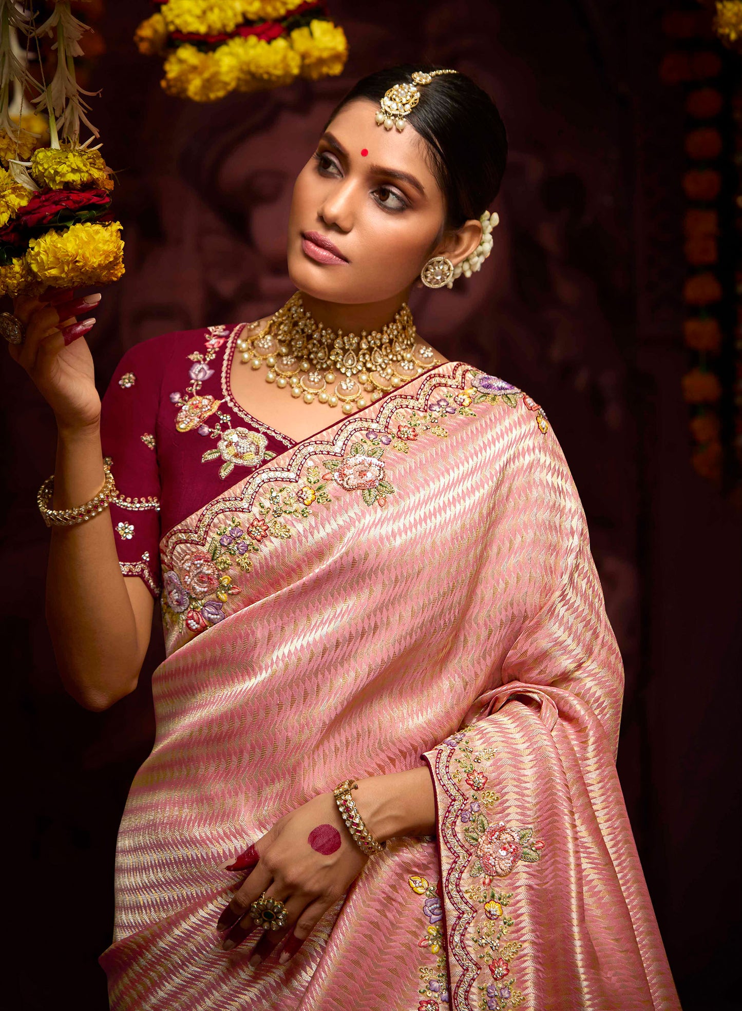 Light Peach Banarasi Zari Woven Prasang Wedding Saree