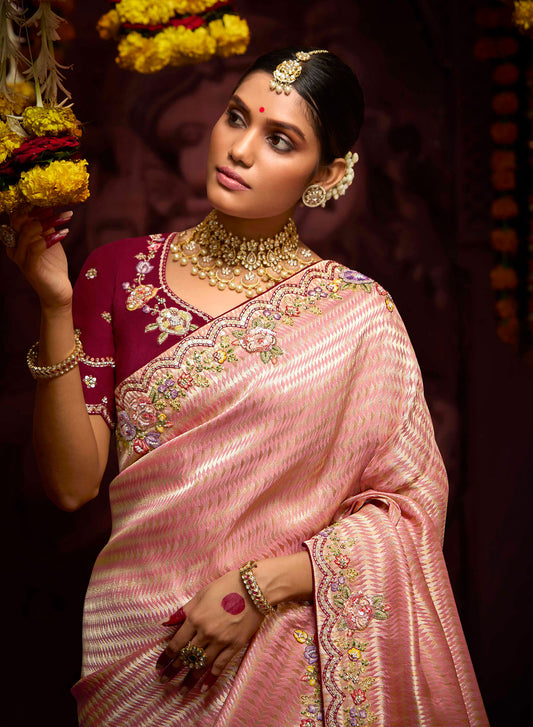 Light Peach Banarasi Zari Woven Prasang Wedding Saree