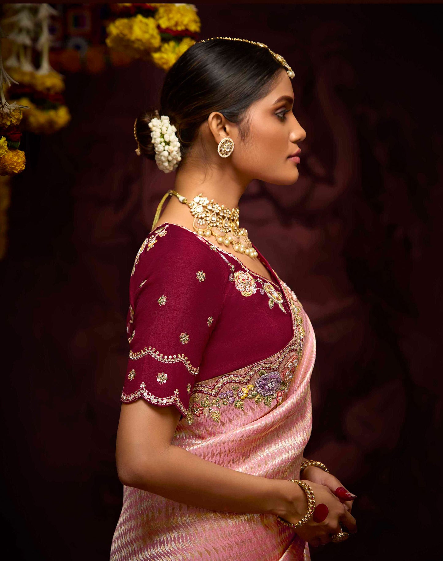 Light Peach Banarasi Zari Woven Prasang Wedding Saree