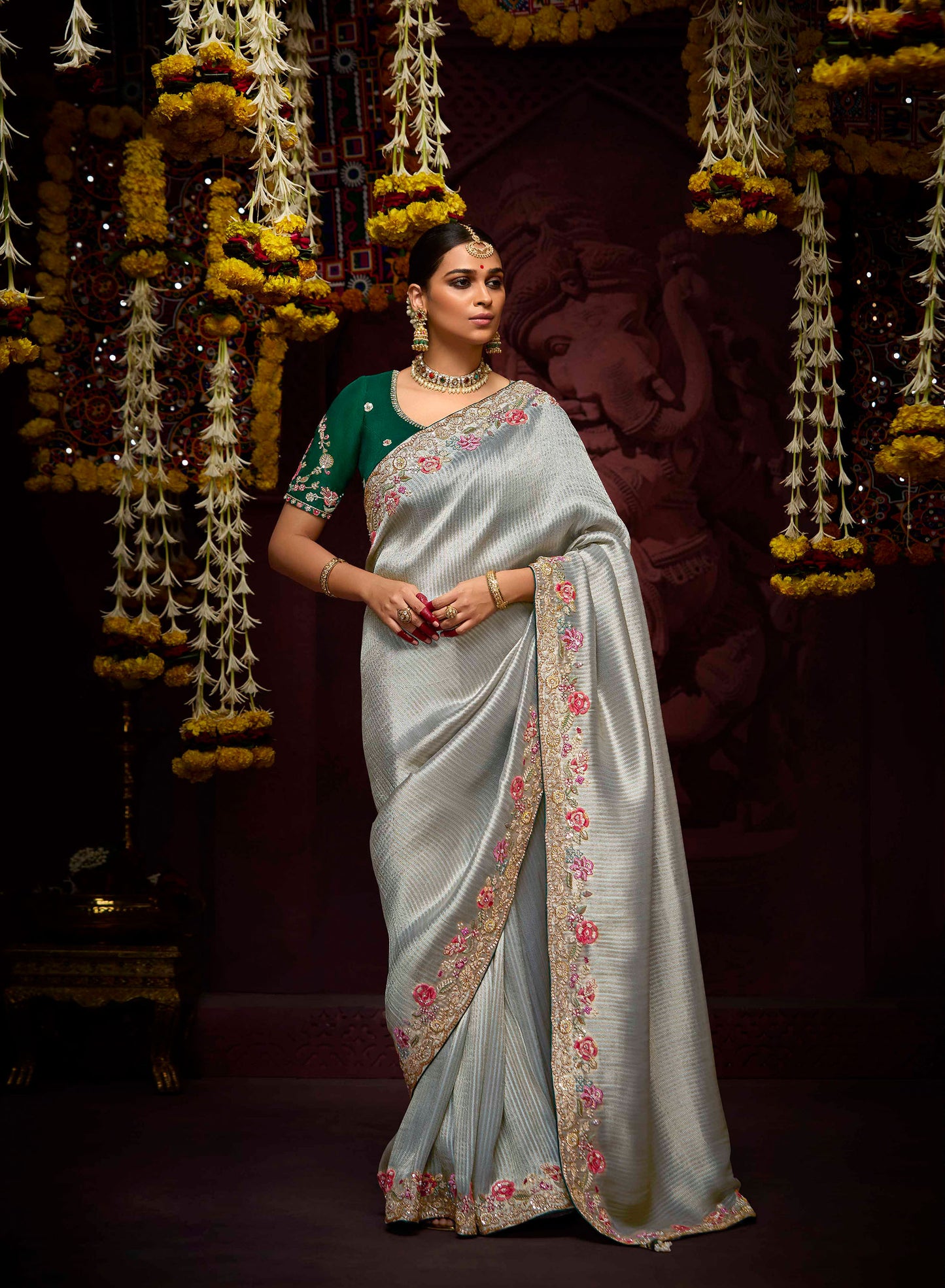 Silver Grey Banarasi Zari Woven Prasang Wedding Saree