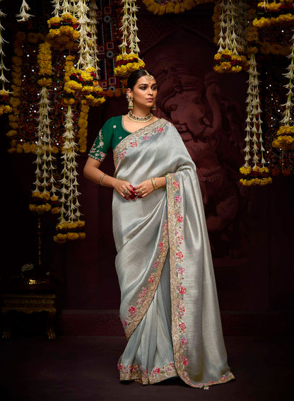 Silver Grey Banarasi Zari Woven Prasang Wedding Saree