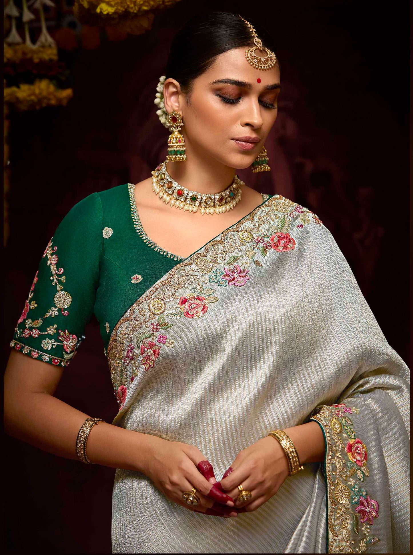 Silver Grey Banarasi Zari Woven Prasang Wedding Saree