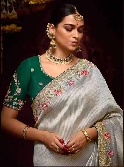 Silver Grey Banarasi Zari Woven Prasang Wedding Saree