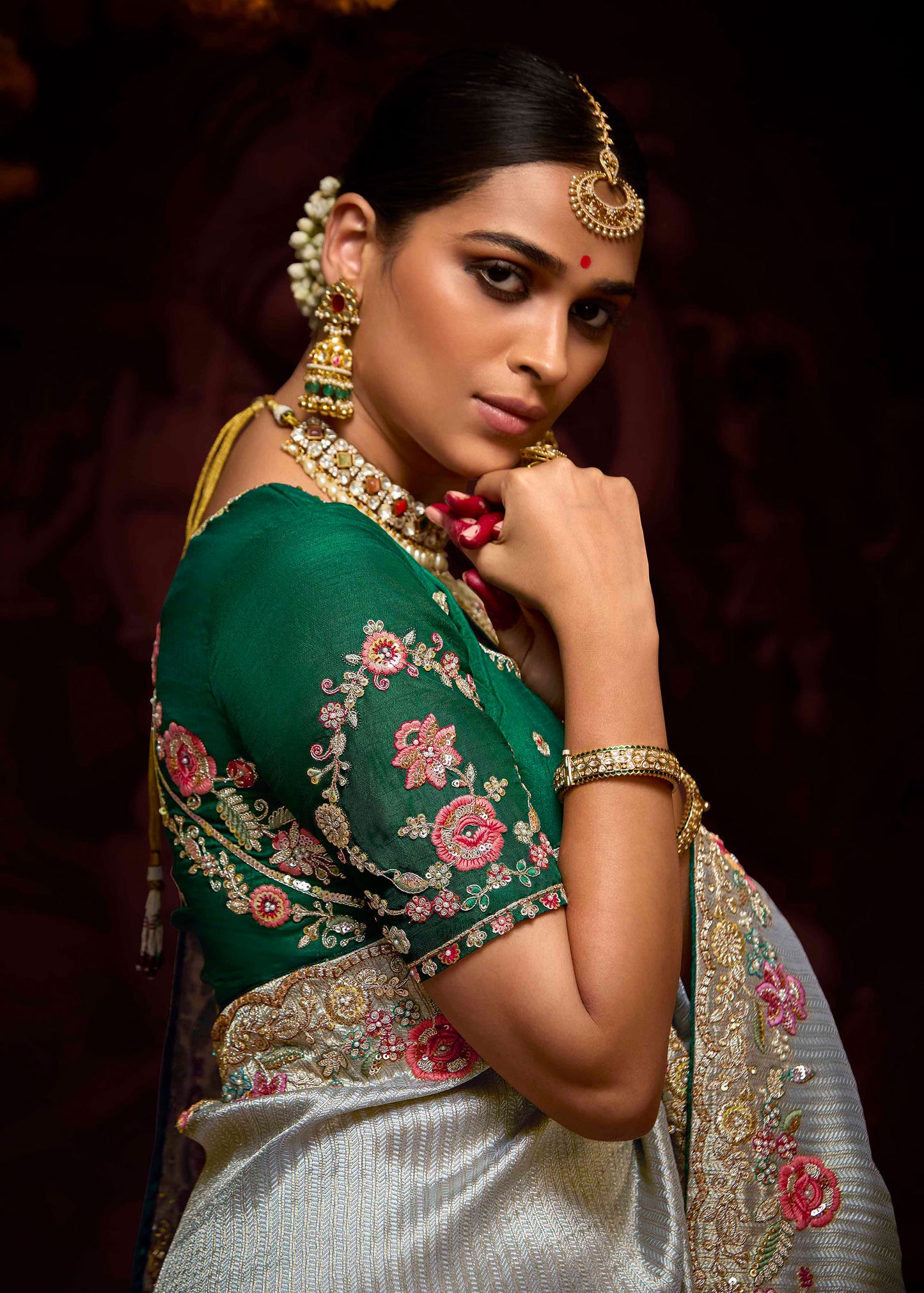 Silver Grey Banarasi Zari Woven Prasang Wedding Saree