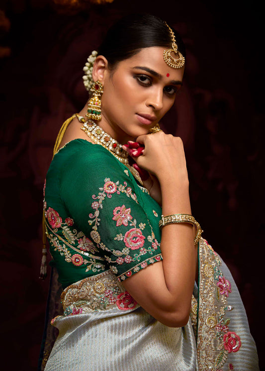 Silver Grey Banarasi Zari Woven Prasang Wedding Saree