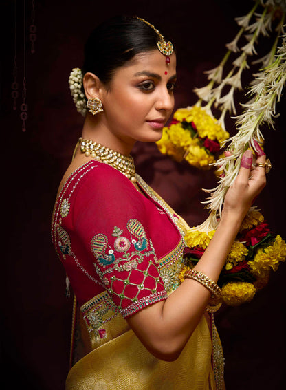 Yellow Banarasi Zari Woven Prasang Wedding Saree