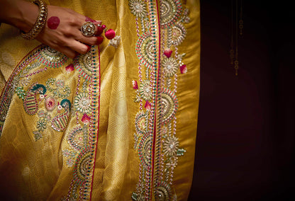 Yellow Banarasi Zari Woven Prasang Wedding Saree