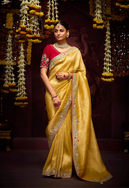 Yellow Banarasi Zari Woven Prasang Wedding Saree