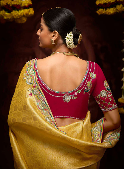 Yellow Banarasi Zari Woven Prasang Wedding Saree