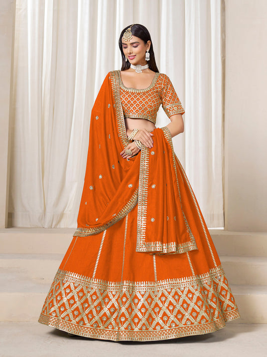 Orange Heavy Sequins Embroidered Art Silk Haldi Lehenga for Wedding Guest