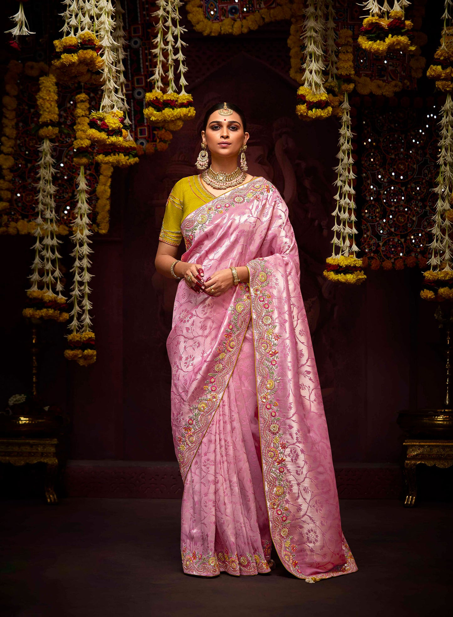 Pink Banarasi Zari Woven Prasang Wedding Saree