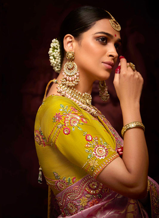 Pink Banarasi Zari Woven Prasang Wedding Saree