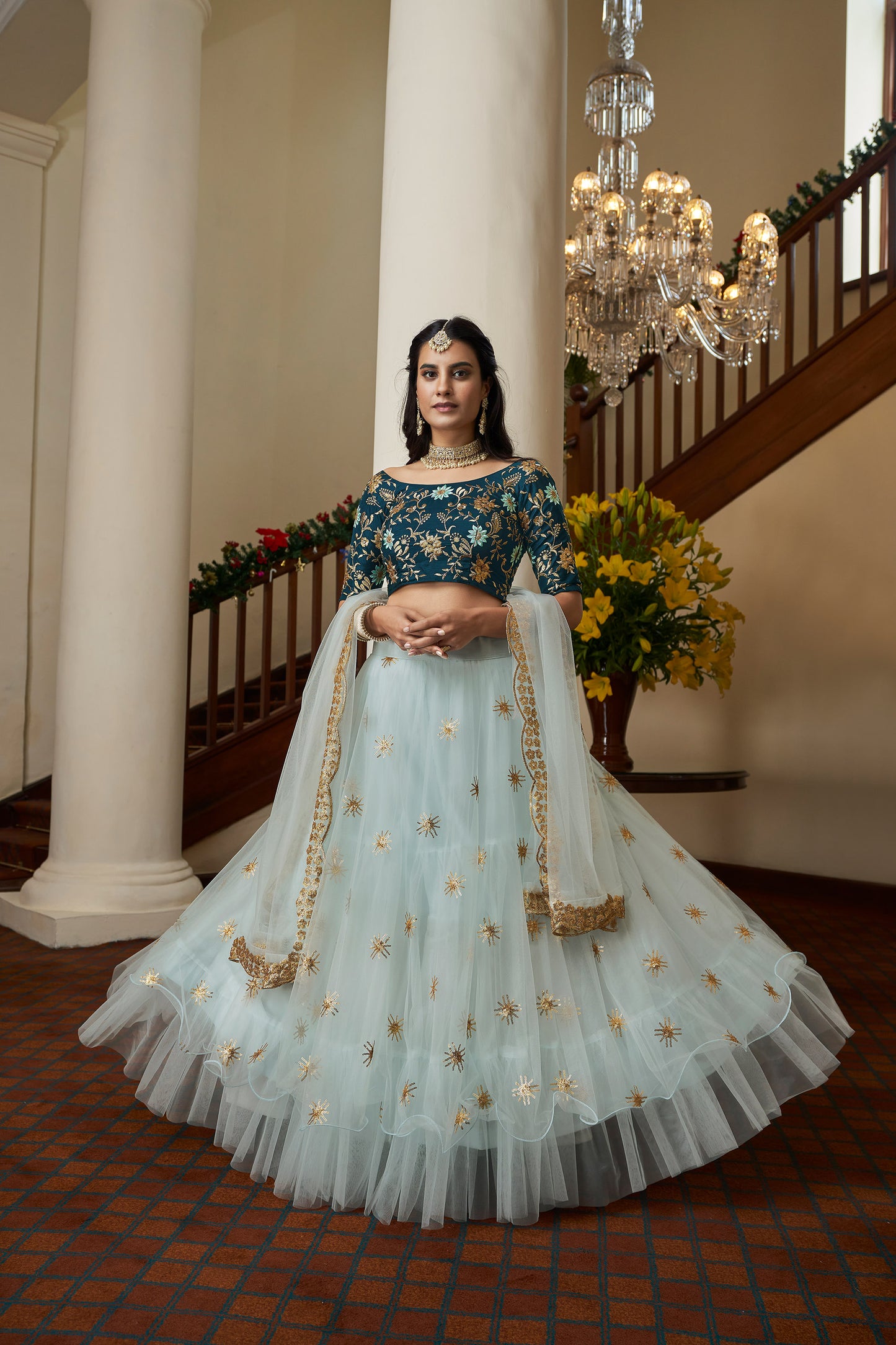 Sky Blue Butterfly Net Sequins Embroidery Lehenga