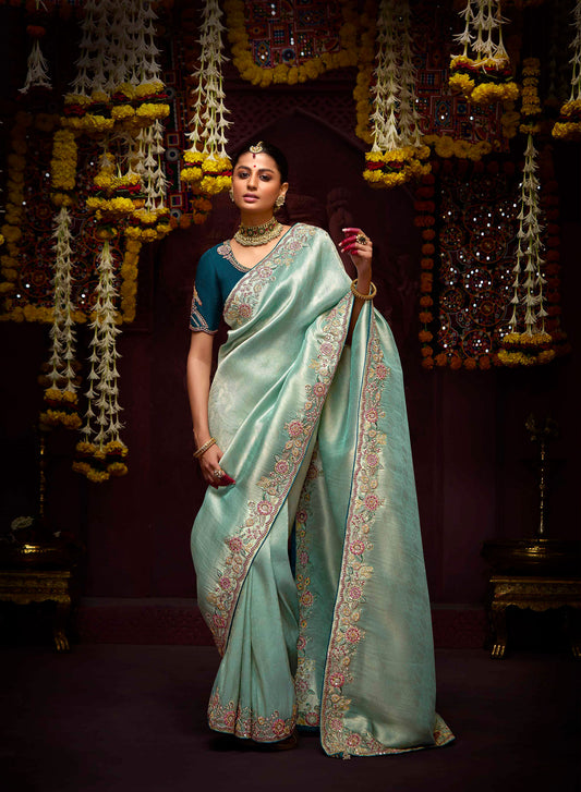 Aqua Green Banarasi Zari Woven Prasang Wedding Saree