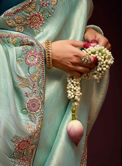 Aqua Green Banarasi Zari Woven Prasang Wedding Saree