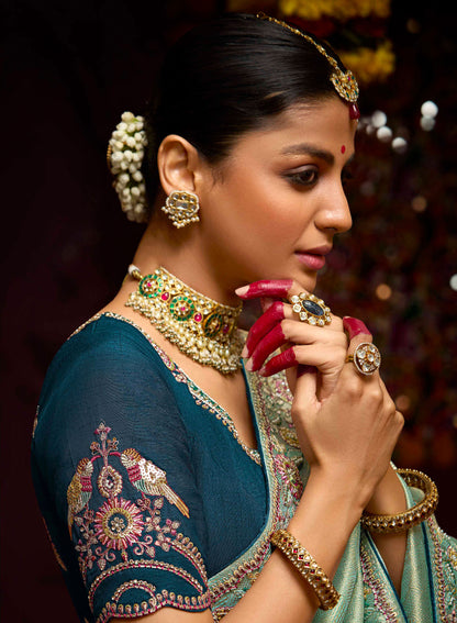 Aqua Green Banarasi Zari Woven Prasang Wedding Saree