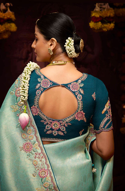 Aqua Green Banarasi Zari Woven Prasang Wedding Saree