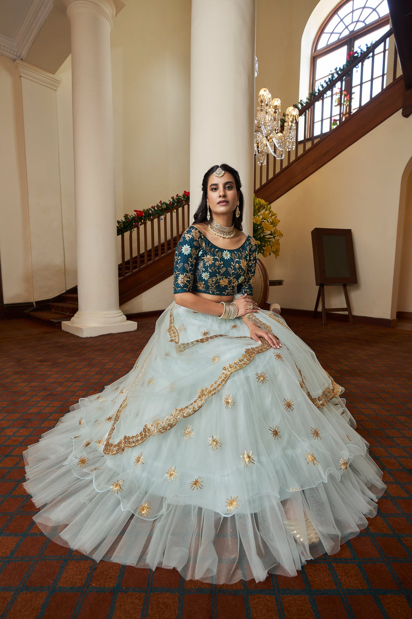 Sky Blue Butterfly Net Sequins Embroidery Lehenga