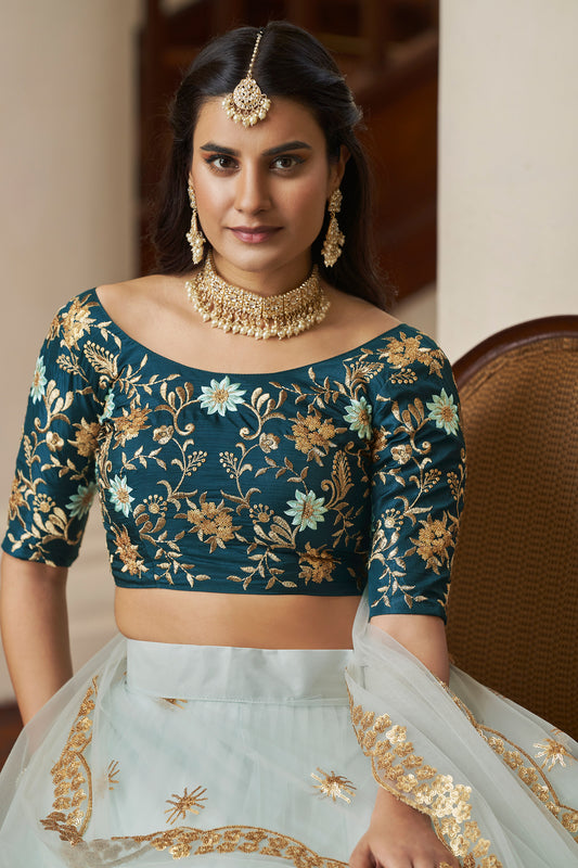 Sky Blue Butterfly Net Sequins Embroidery Lehenga