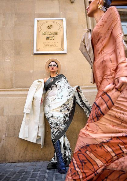 Off white Art Kubik Print Satin Saree