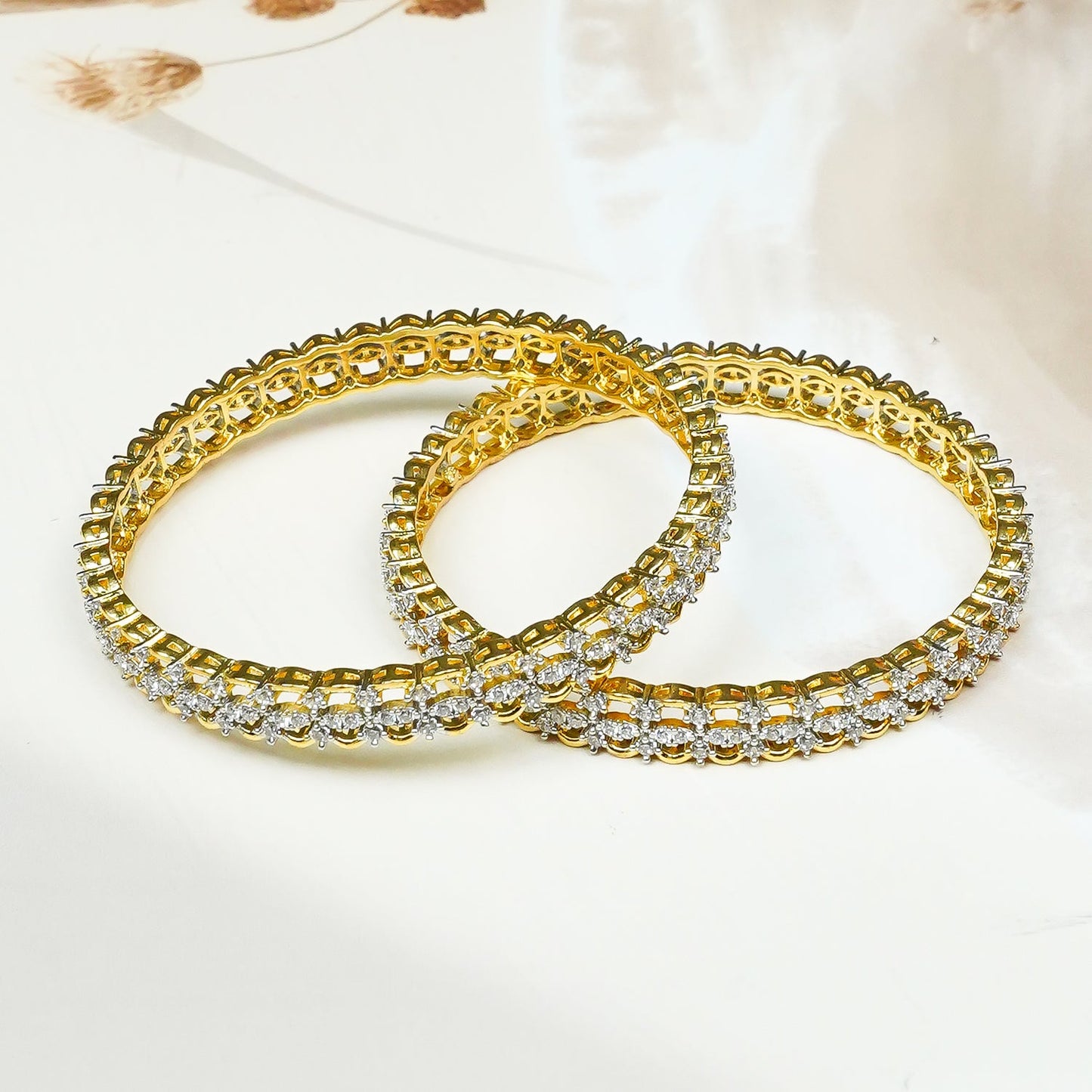 Zevar Club Set of 2 22K Gold-Plated Handcrafted AAA Cubic Zirconia Floral Vine Motif Premium Bangles