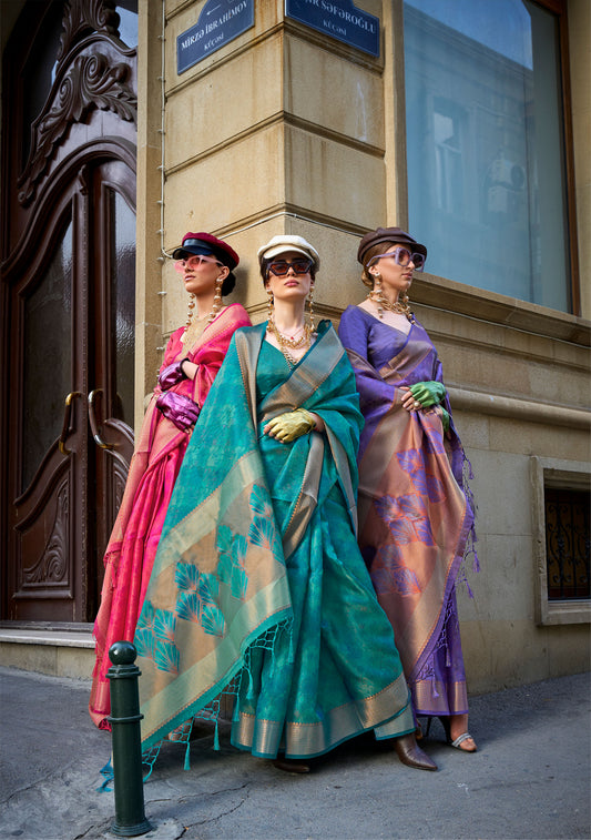 Teal Green Kalki Handwoven Two tone organza saree