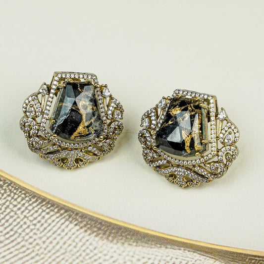 Zevar Club Gold-Tone Smoky Black Stone & AAA Cubic Zirconia Statement Stud Earrings