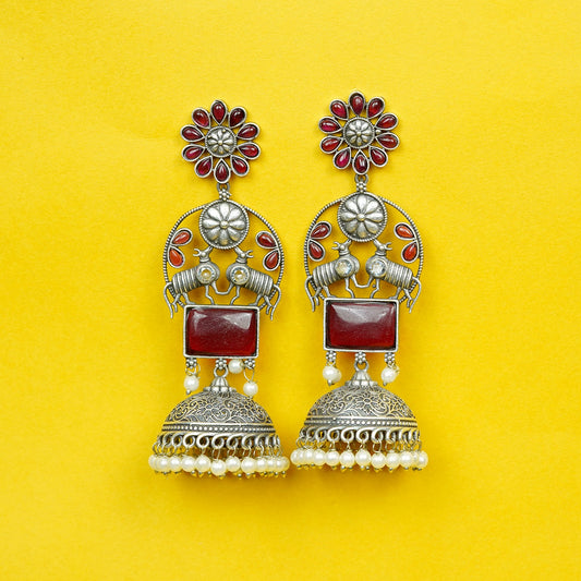 Zevar Club Oxidised Silver-Plated Ruby Pink Stone & Pearl Beaded Floral Jhumkis Earrings