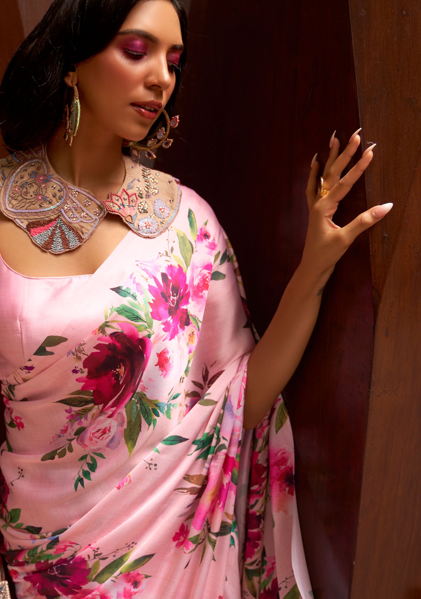 Pink Floral Print Kudos Digital Printed Satin Saree