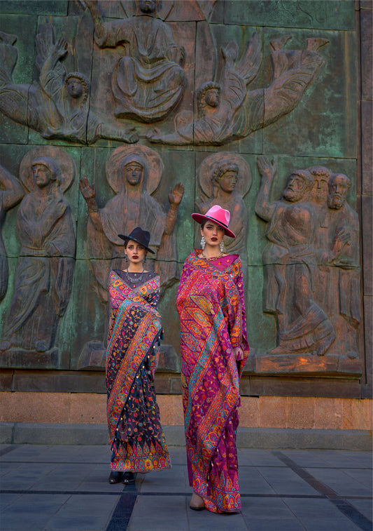 Magenta Kashneer Organza Kashmiri Handloom Silk Saree