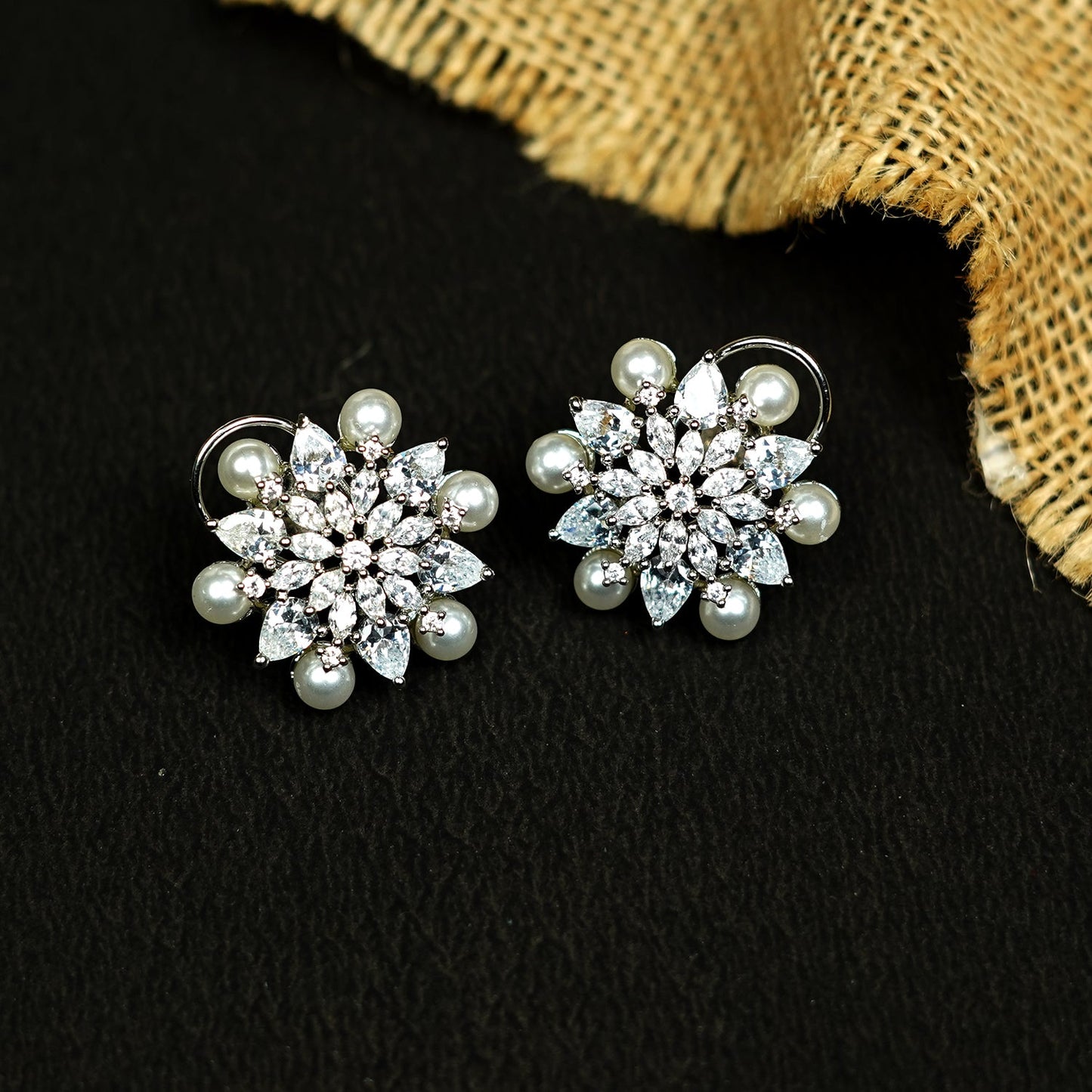 Zevar Club Rhodium-Plated Handcrafted Floral Cubic Zirconia & Pearl Stud Earrings