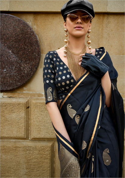 Black Kanthkala Pure Satin Handloom Silk Saree