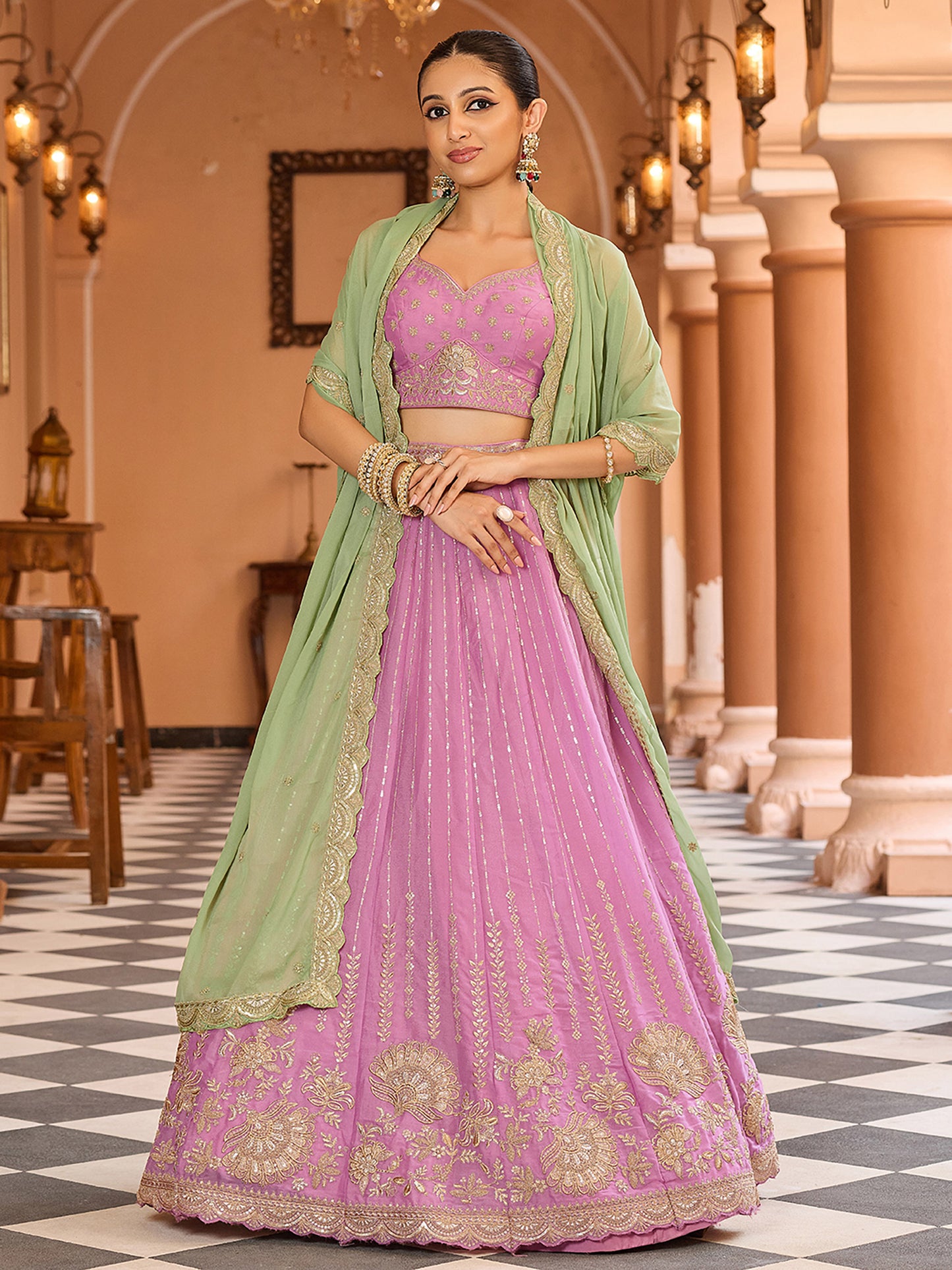 Pink Tissue Silk Fabric Sequins Embroidery Lehenga Choli