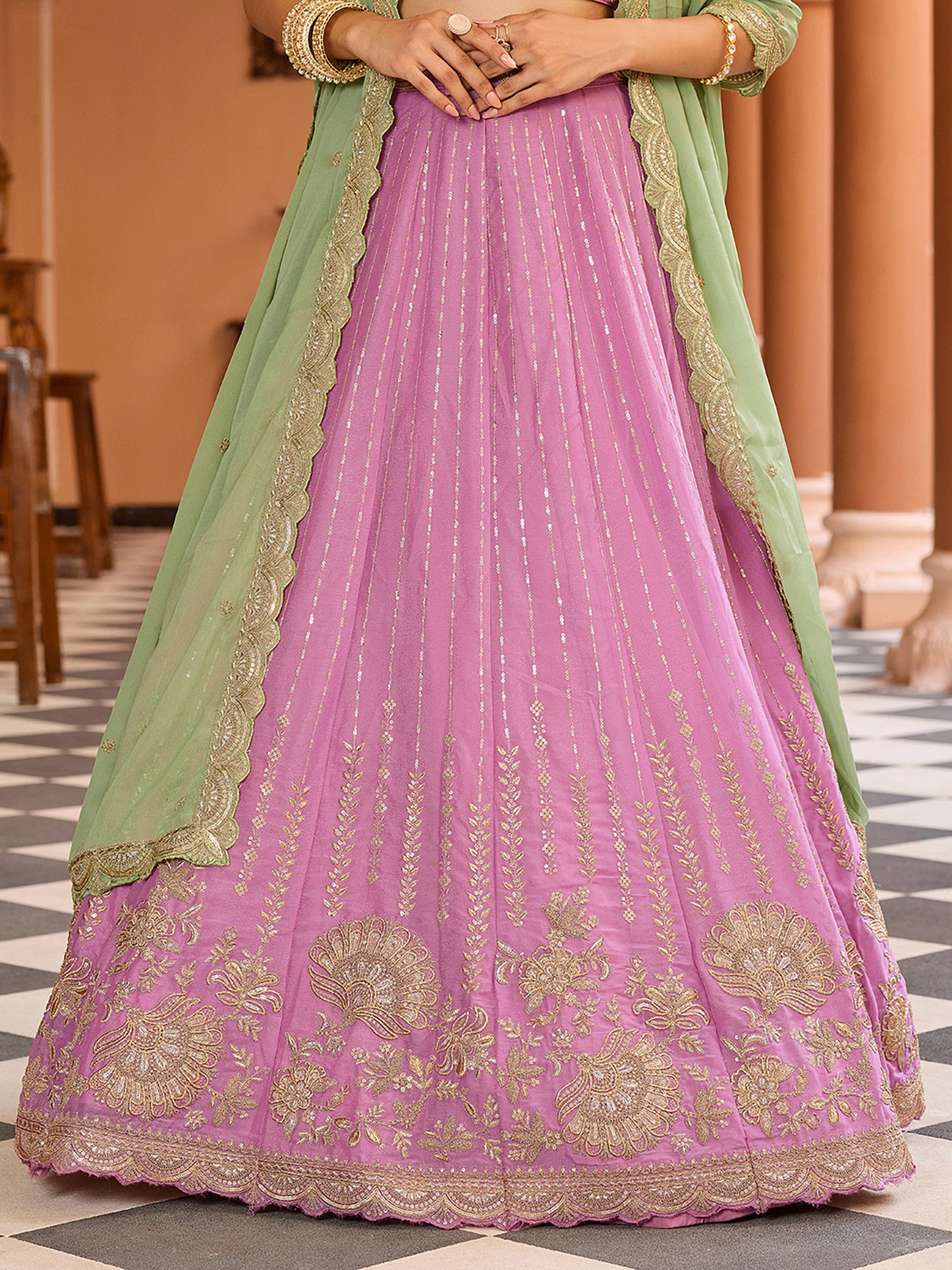 Pink Tissue Silk Fabric Sequins Embroidery Lehenga Choli