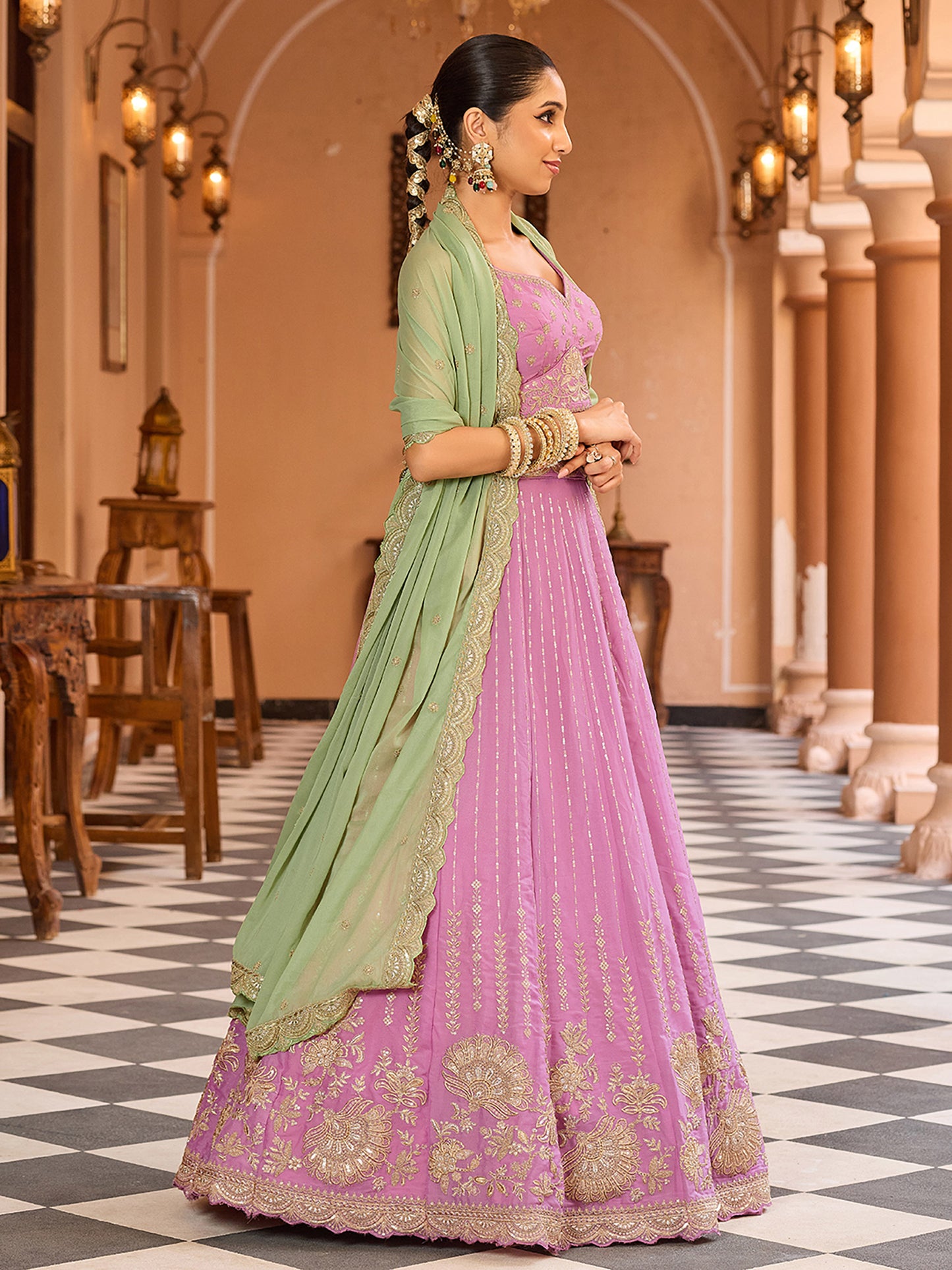 Pink Tissue Silk Fabric Sequins Embroidery Lehenga Choli