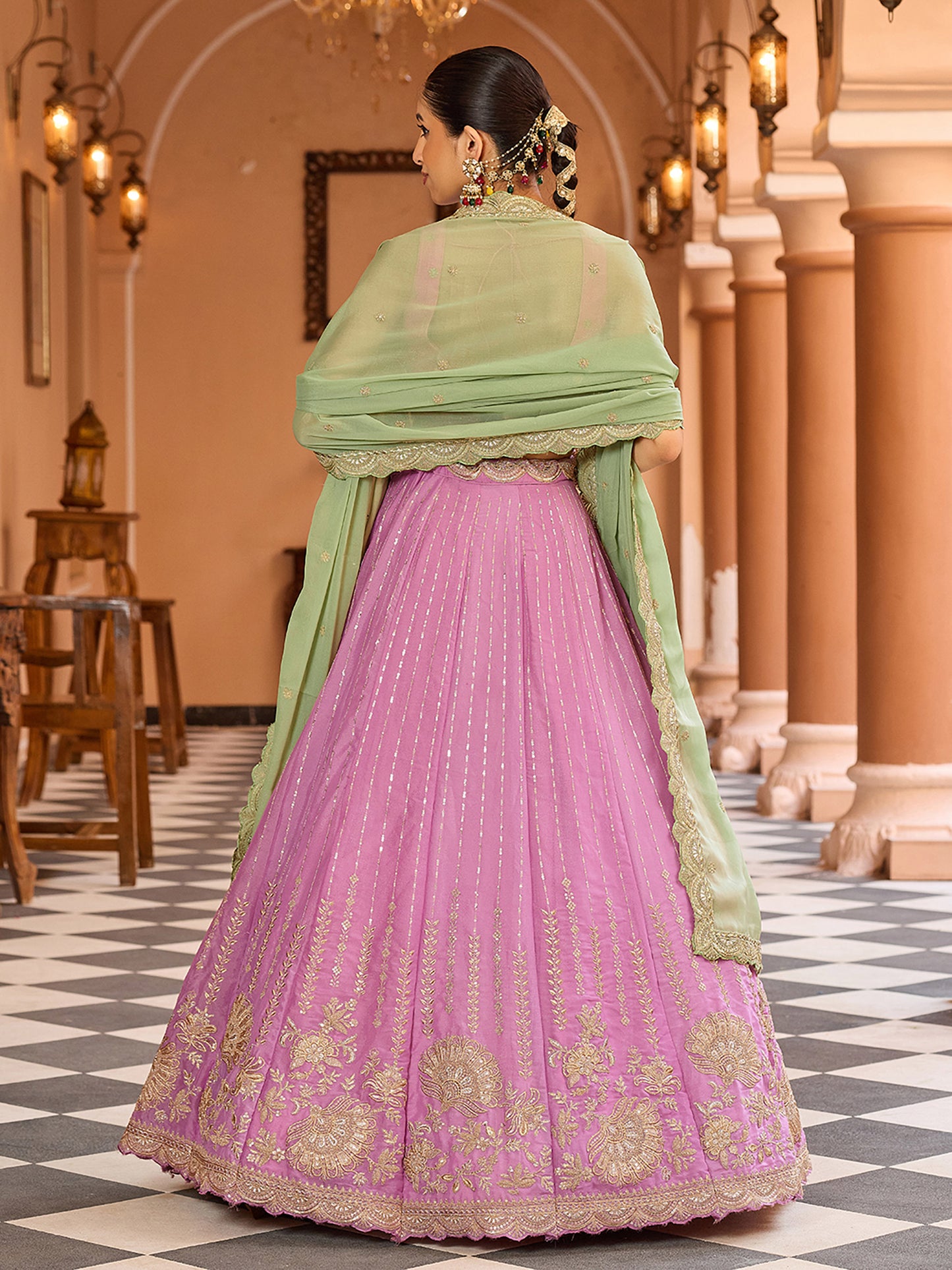 Pink Tissue Silk Fabric Sequins Embroidery Lehenga Choli