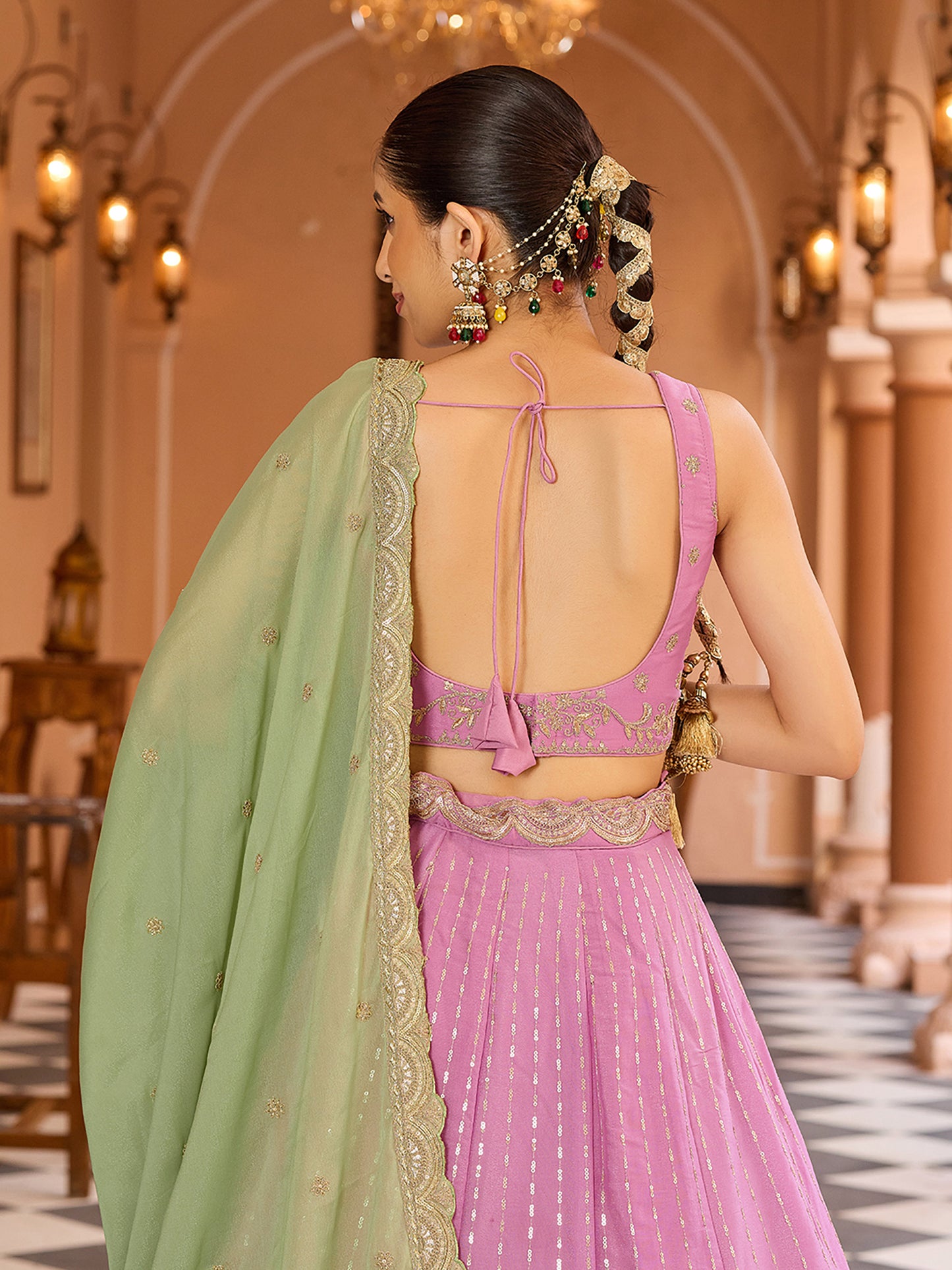 Pink Tissue Silk Fabric Sequins Embroidery Lehenga Choli