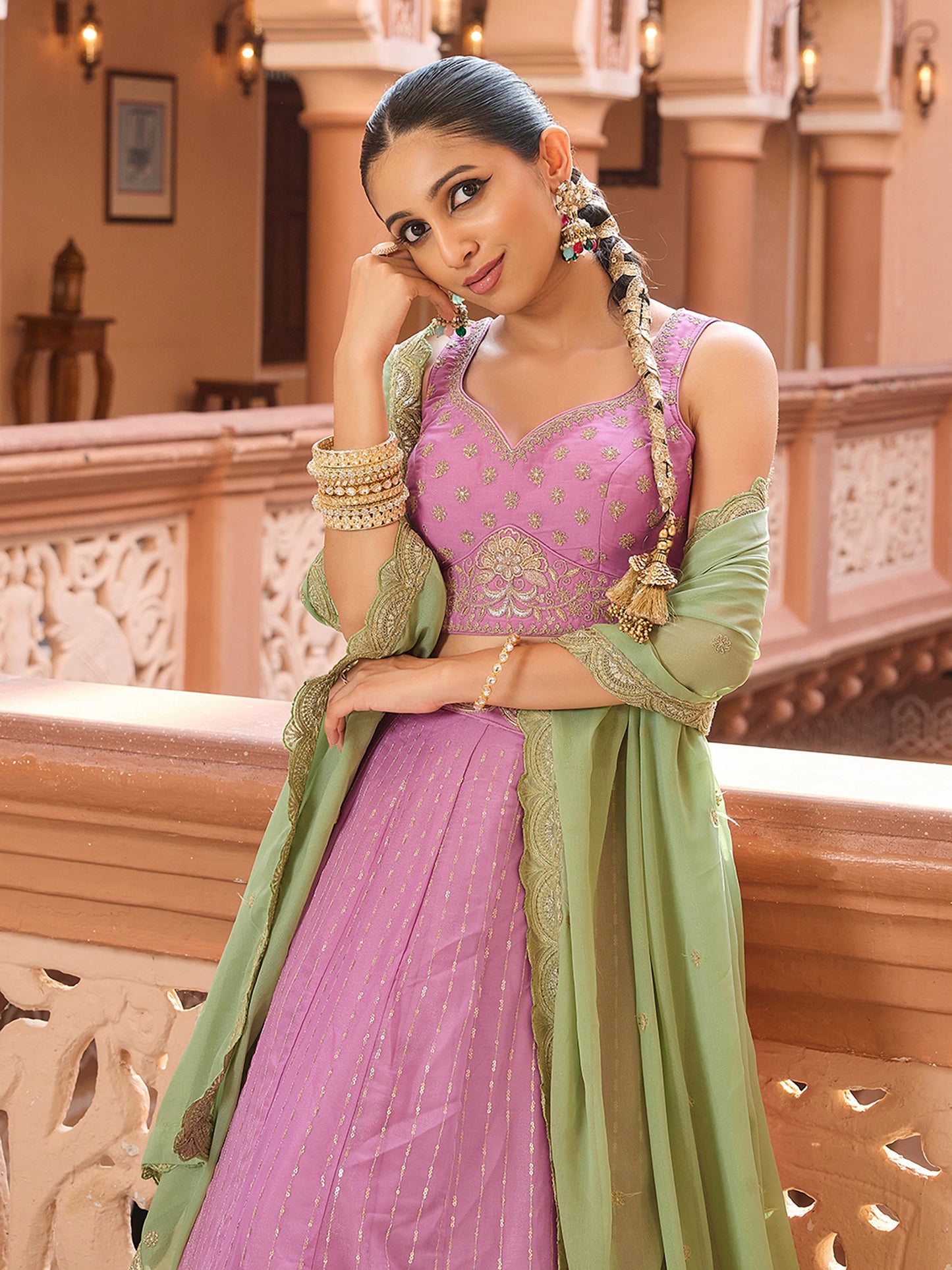 Pink Tissue Silk Fabric Sequins Embroidery Lehenga Choli