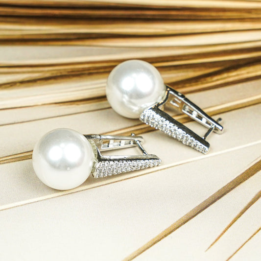 Zevar Club Rhodium-Plated Handcrafted Pointed Cubic Zirconia Top & Glossy Pearl Drop Earrings