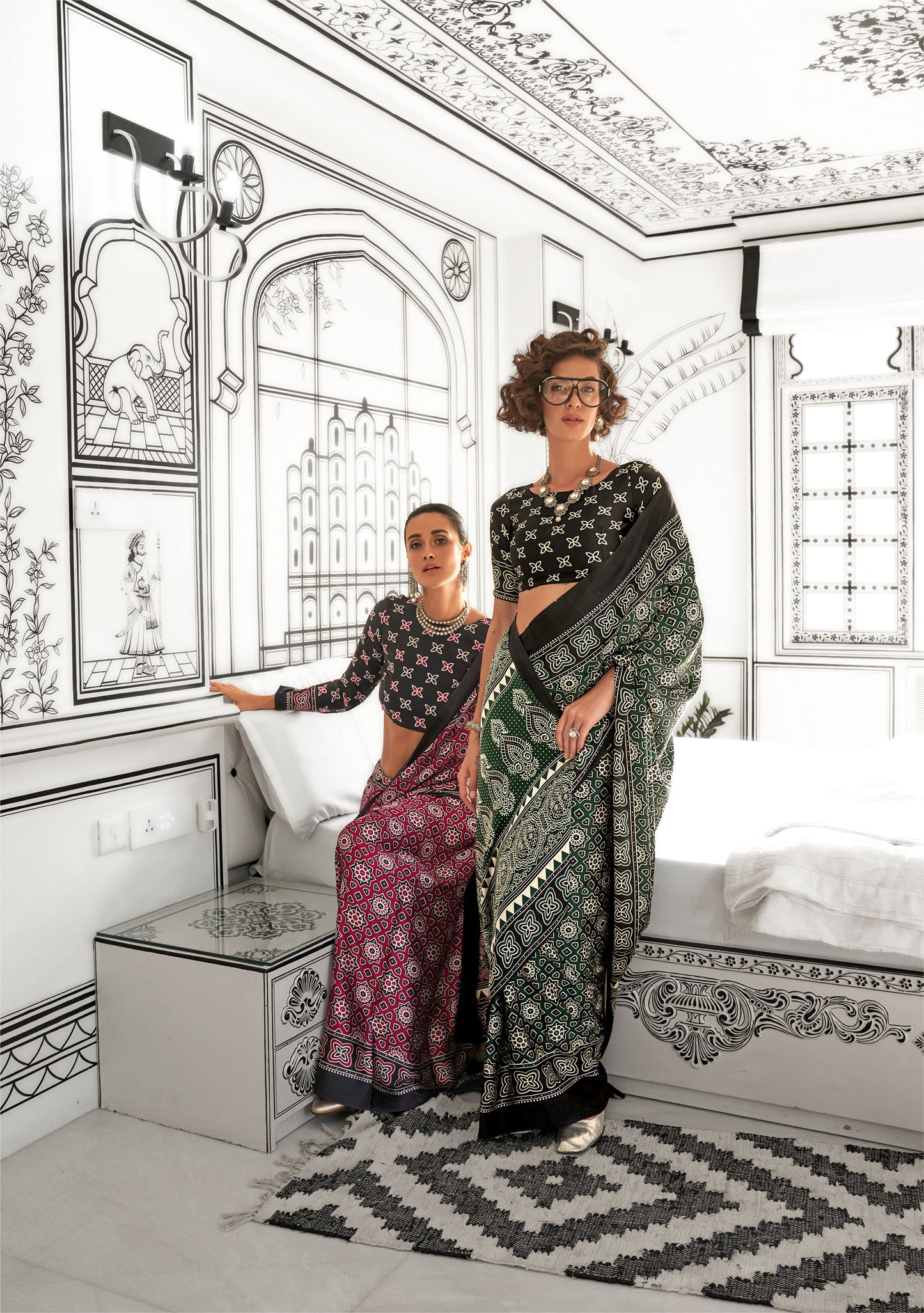 Green Kajarkh Printed Ajrakh Satin Saree