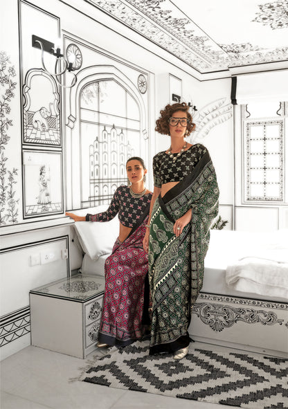 Green Kajarkh Printed Ajrakh Satin Saree