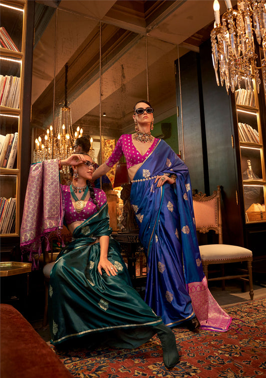 Forest Green Kanthkala Luxe Satin Handloom saree