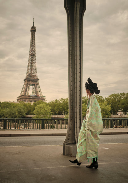 Mint Green Kalila Silk Kashmiri Organza handloom saree