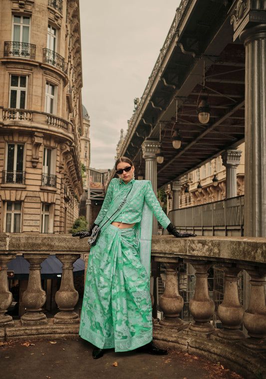 Mint Green Kaneeza Lucknow Chikankari Zari Saree