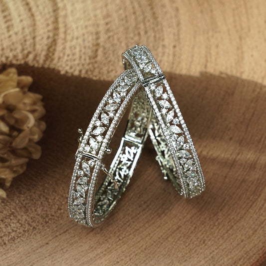 Zevar Club Set of 2 Rhodium-Plated Handcrafted AAA Cubic Zirconia Vine Motif Studded Premium Screw Adjustable Bangles