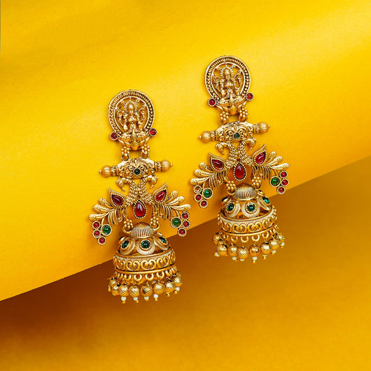 Zevar Club 22K Gold-Plated Lakshmi Motif Temple Jhumka Earrings with Red & Green Stones Accents