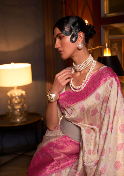 Cream Karzoe Silk Pure Chaap Handloom Saree