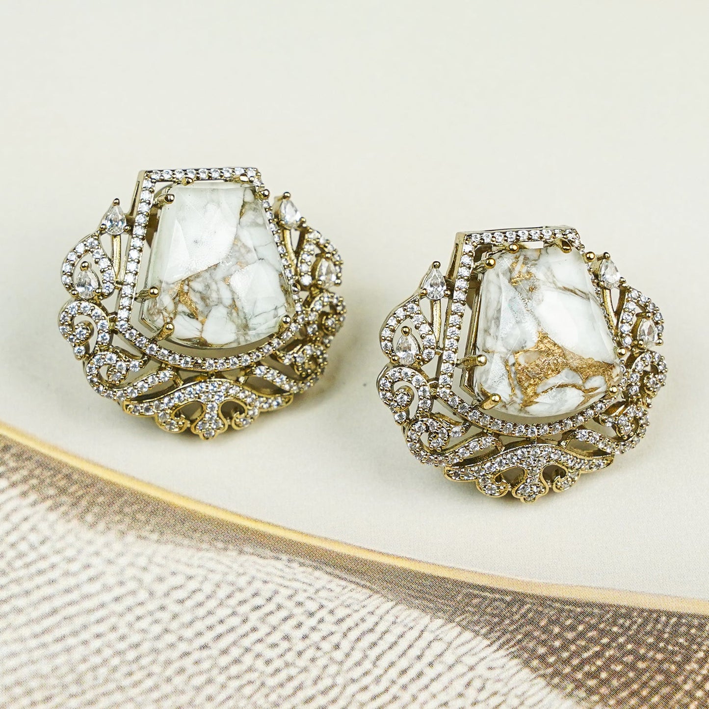 Zevar Club Rhodium-Plated Marble-Effect White Gemstone & AAA Cubic Zirconia Statement Stud Earrings